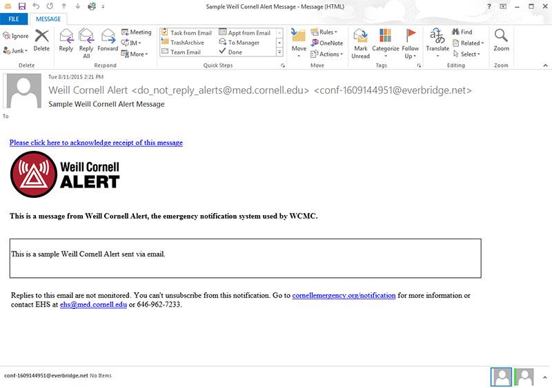 Example Weill Cornell Alert Email